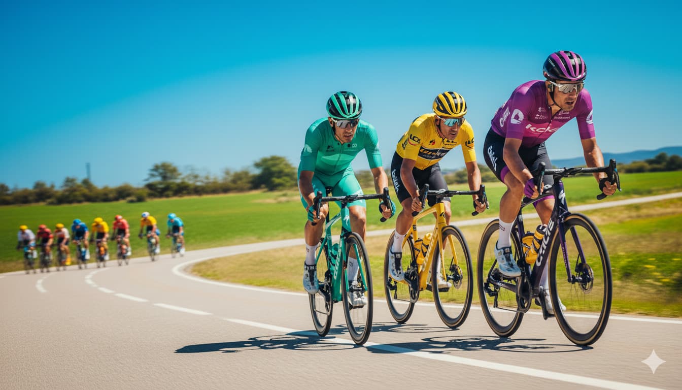 Cyclists breaking away from the pack on a sunny road